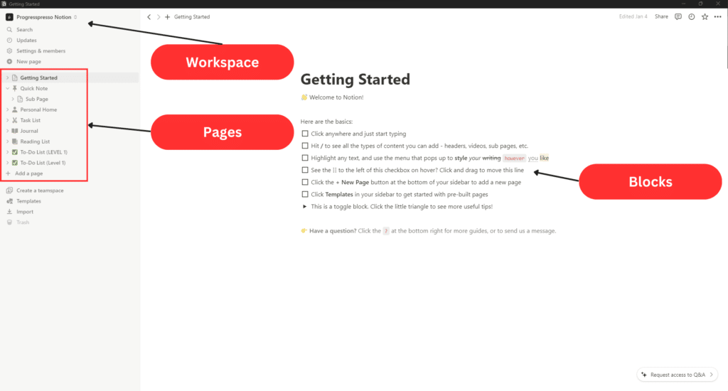 Notion - Blocks - Pages - Workspace